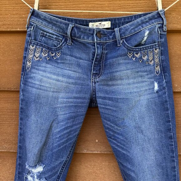 Hollister Embroidered Skinny Distressed MId-Rise Blue Jeans Size 5 - Picture 4 of 14